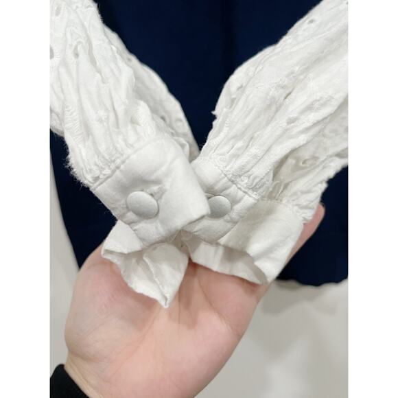 Veronica Beard Roy Navy Mixed Media Pullover with Eyelet Sleeves - Picture 9 of 10